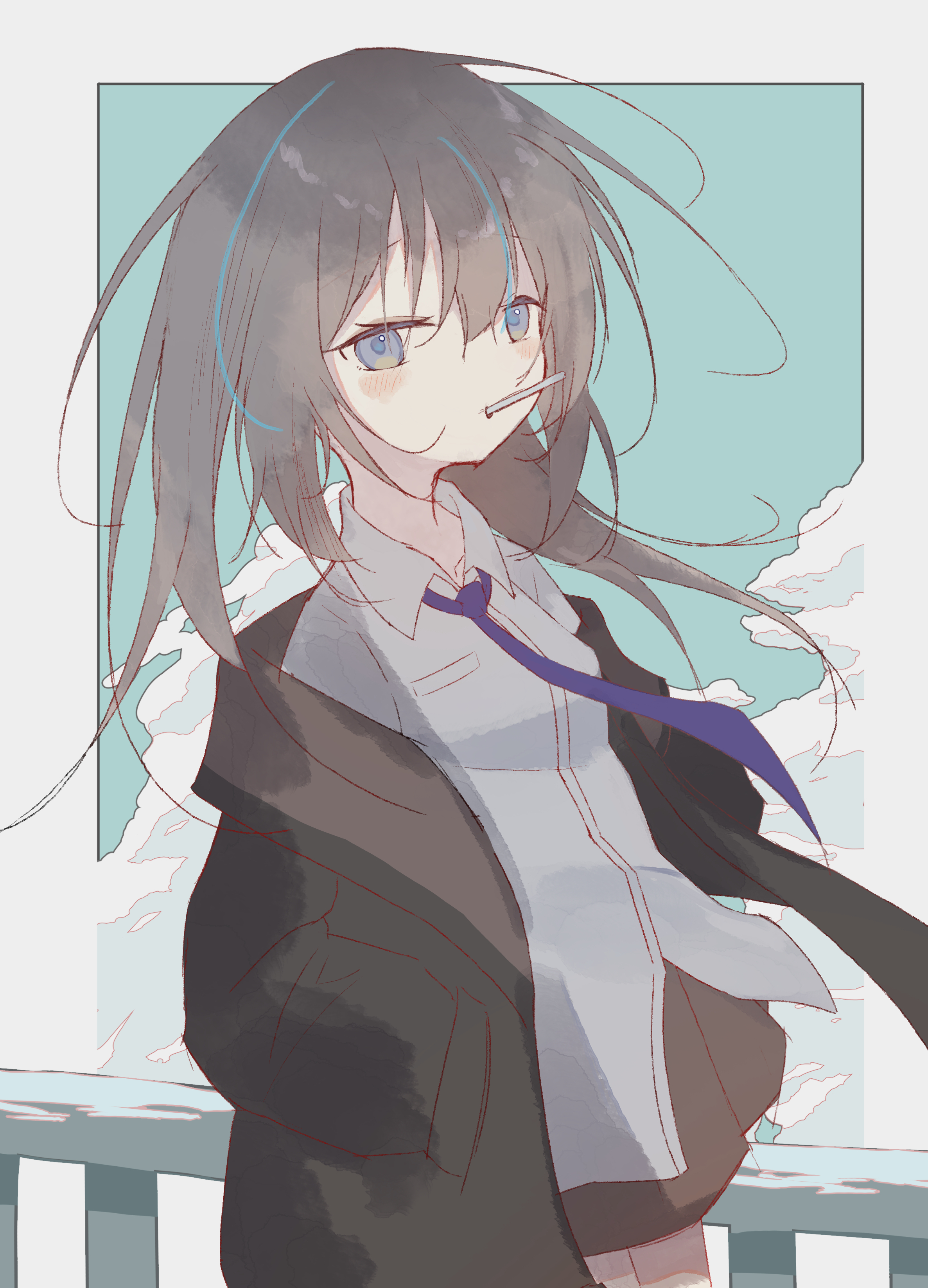 青空を背景に制服姿の黒髪キャラクターを描いたオリジナルイラスト